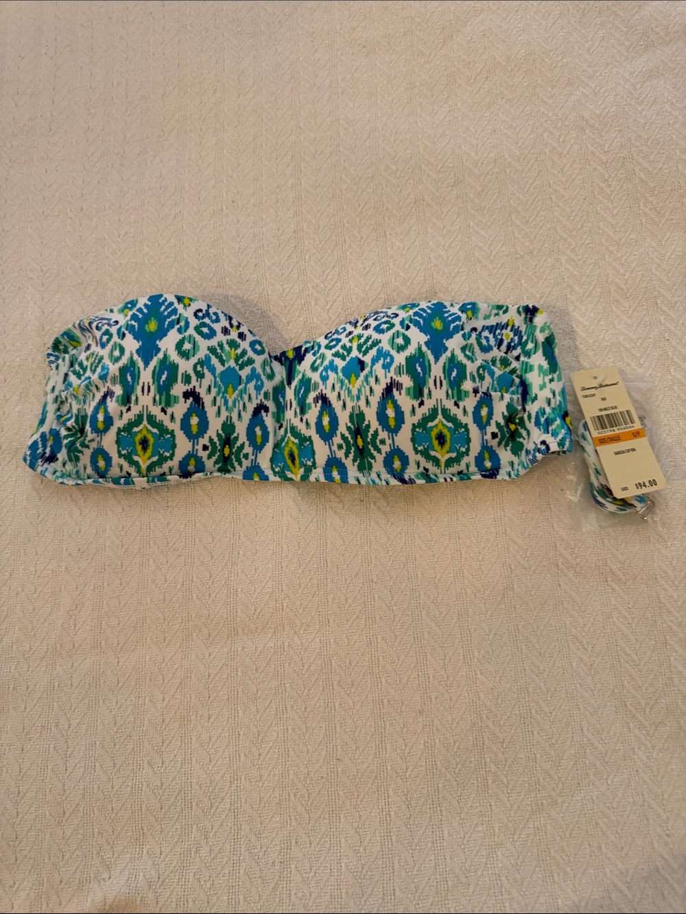 Strapless Bikini Top in Blue & Green Ikat Print